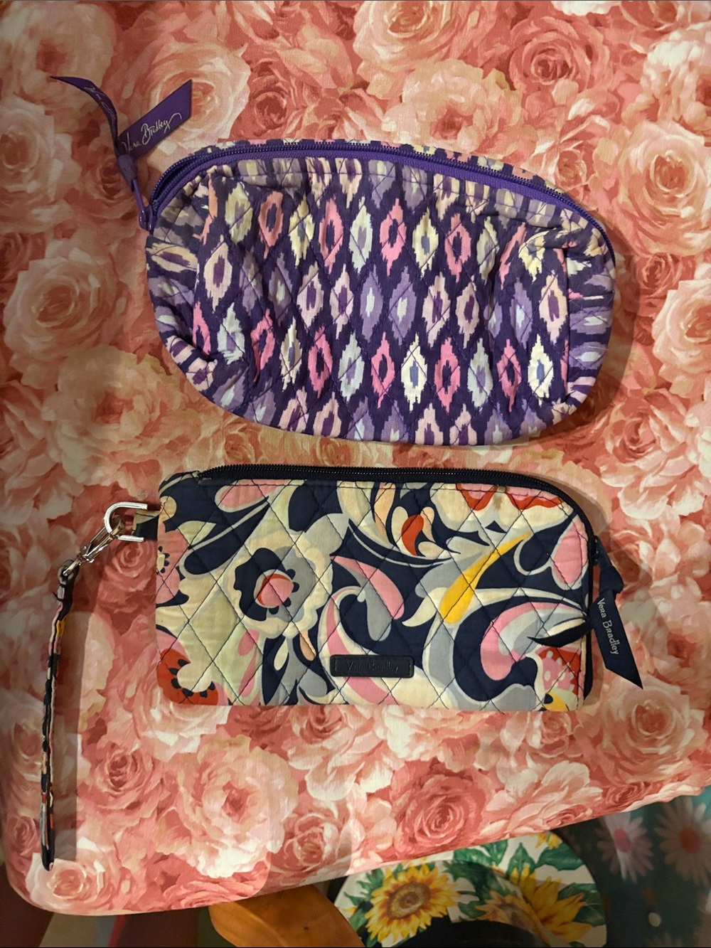 Vera Bradley Purple Patterned Quilted Cosmetic Pouch & Floral Quilted Wristlet